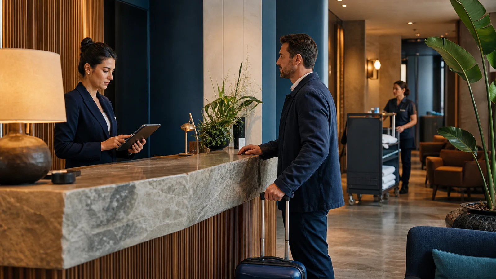 Recepție de hotel care coordonează sosirea unui oaspete și housekeeping-ul